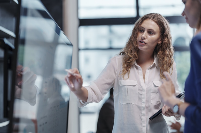 IT Administrator presenting solutions on a touchscreen.