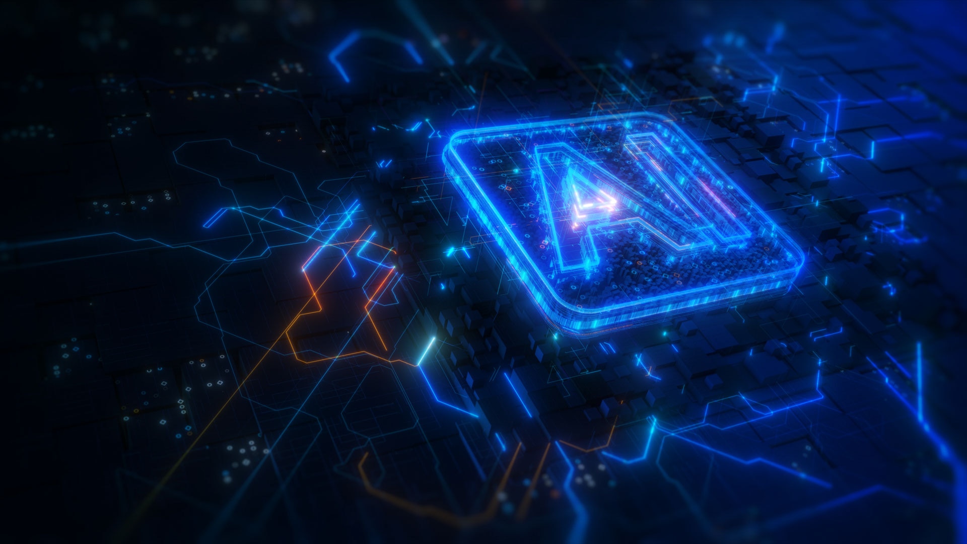 Artificial Intelligence AI On Circuit Board. Future Technology Concept Visualization. Big Data Transmission Connection. AI Analyzes Technology Digital Data Network Abstract Background. 