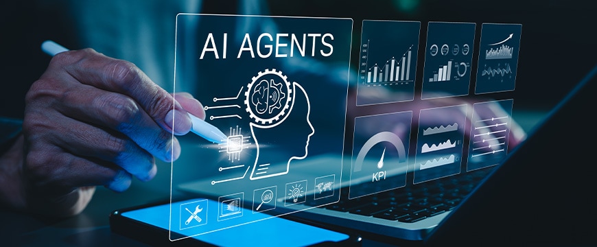 AI Agent Concept. Person interacts with AI agent technology, analytics charts, performance KPIs, symbolizing artificial intelligence in business innovation. data analysis for business intelligence, dashboard ui
