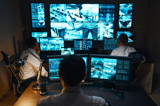 Security officers monitoring video monitors in data center.