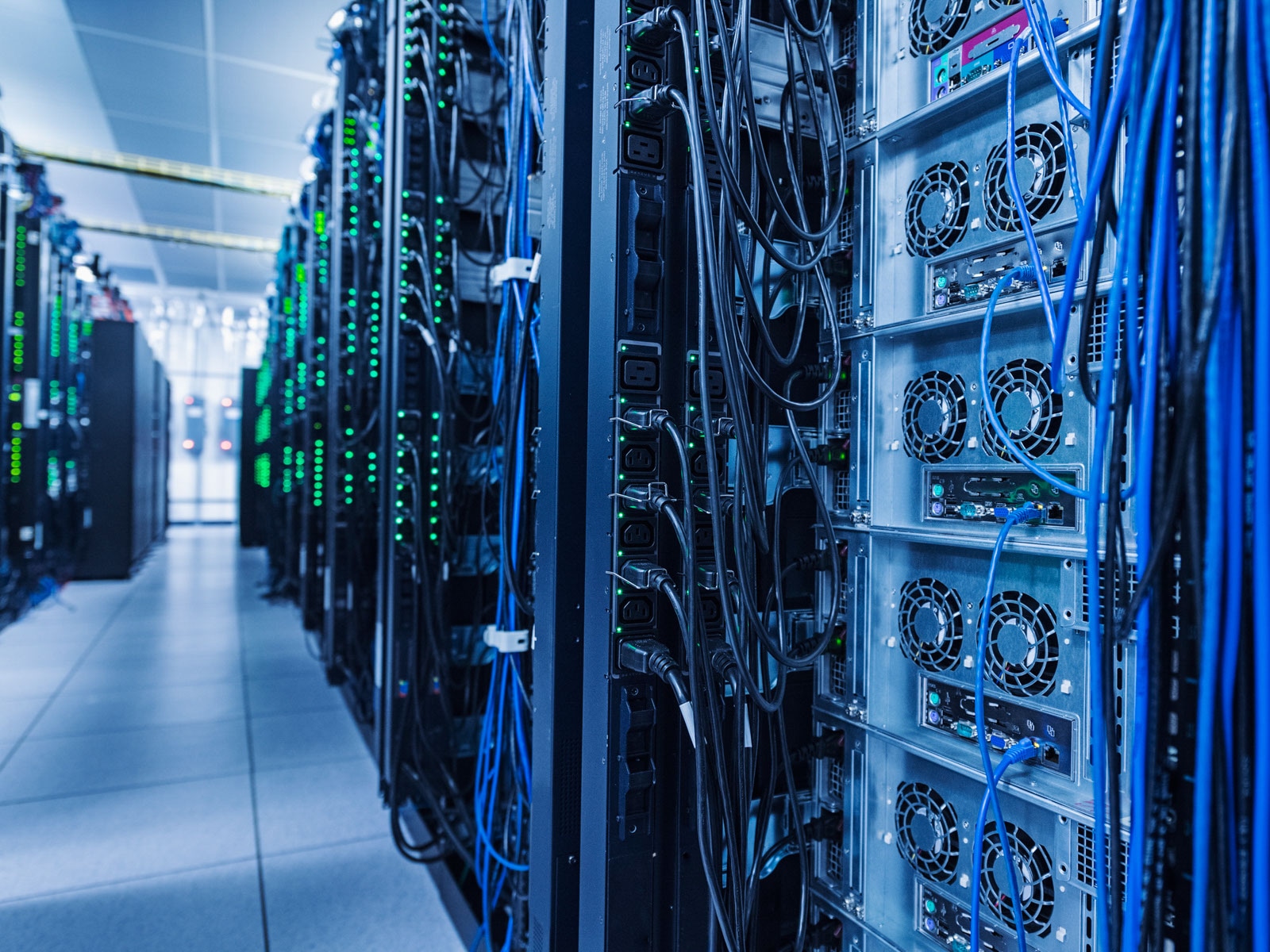 Data centre indoors with a look at the power supply sockets