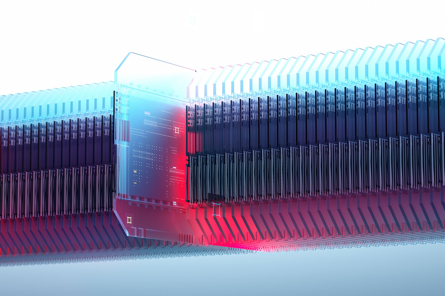 Abstract of a data centre, showing row of glass panes illuminated with red-blue glow.