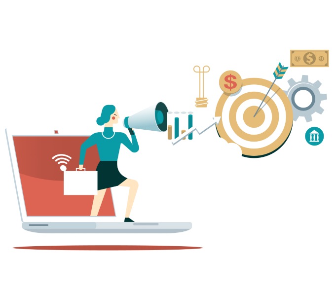 Management - Businesswoman - stock illustration Target, bulb. Management, achievements. Smart solutions, business aims. Generating ideas. Business planning, strategy