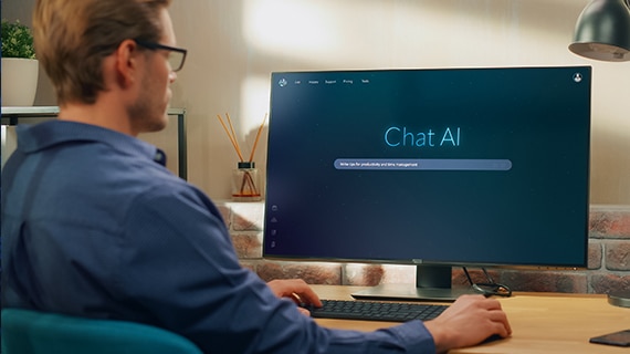 Man using chat ai at home on computer.
