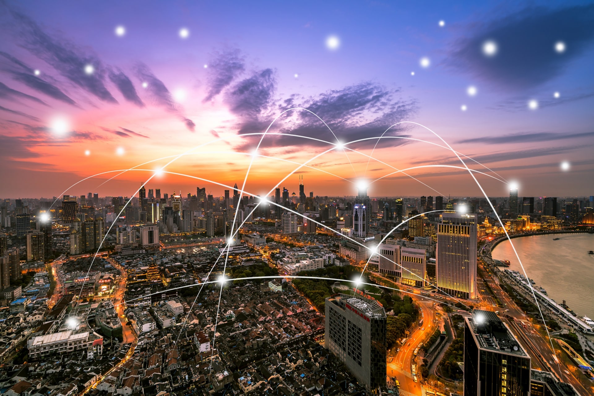 Shanghai city skyline with network communication