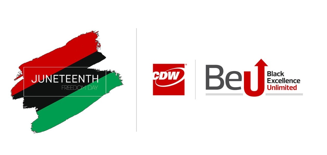 CDW logo in red with white lettering is paired next to the Black Excellence Unlimited Business Resource Group logo, showcasing ‘Be’ in black with an arrow-shaped ‘U’ in red