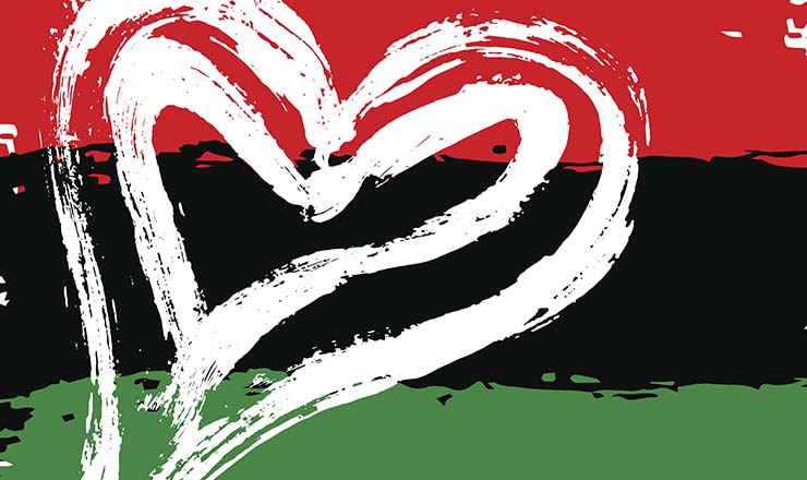 Pan-African flag consisting of red, black and green horizontal bands with a white heart in paint-brushed effect on the left side of the flag