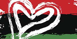 Pan-African flag consisting of red, black and green horizontal bands with a white heart in paint-brushed effect on the left side of the flag