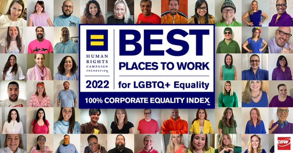 ollage of CDW coworkers in shirts resembling a rainbow gradient surround a box with the words “Best Places to Work for LGBTQ+ Equality, 100% Corporate Equality Index