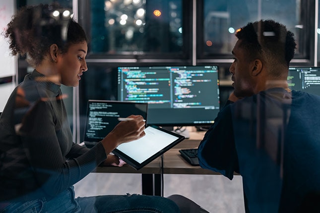 Two colleagues work together at desktop monitors displaying code and system interfaces in an office setting focused on technology operations.