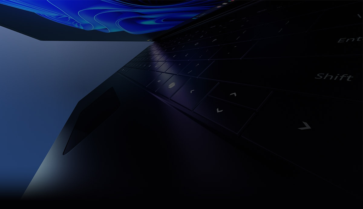Abstract blue-toned banner featuring close-up of a Microsoft device and keyboard lighting, representing Microsoft hardware powered by Windows 11 Pro in partnership with CDW to enhance productivity and security
