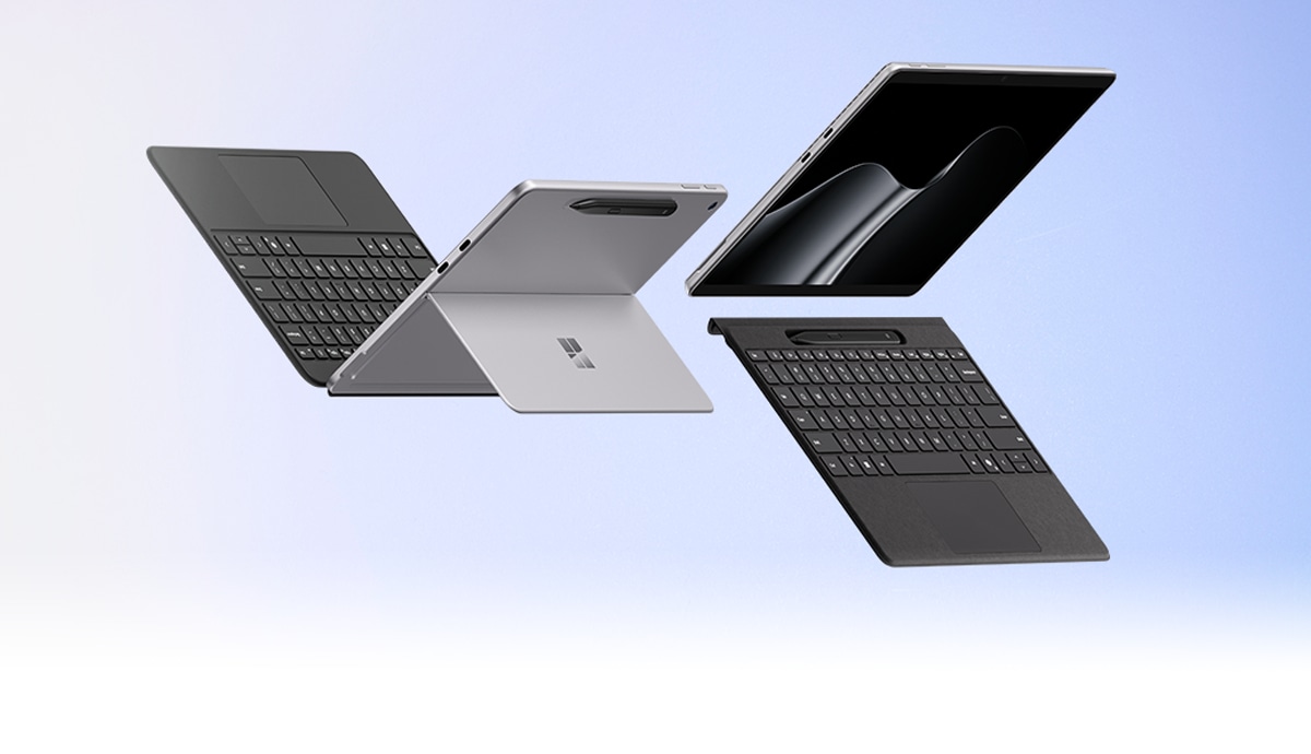 colorful gradient blur hero image featuring Microsoft Surface products