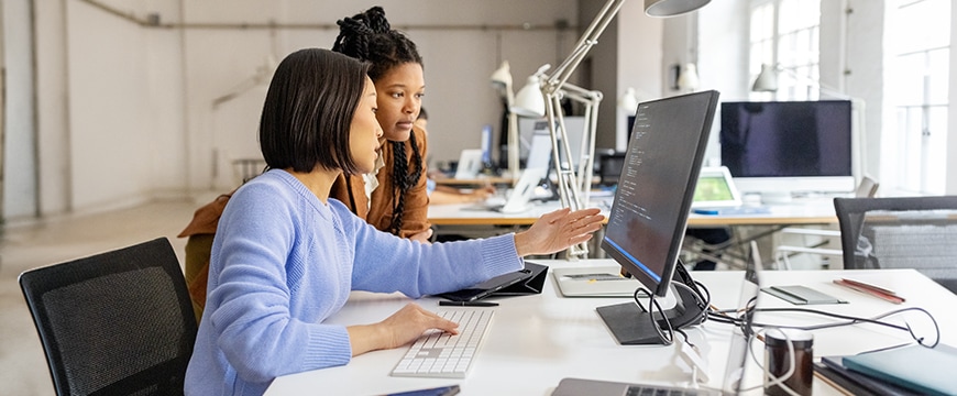 Two programmers collaborating on a computer in a bright office.