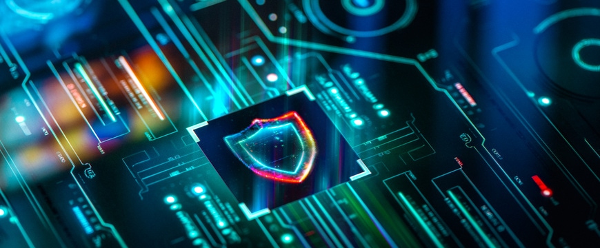 Glowing digital shield centered within a blue cybersecurity interface