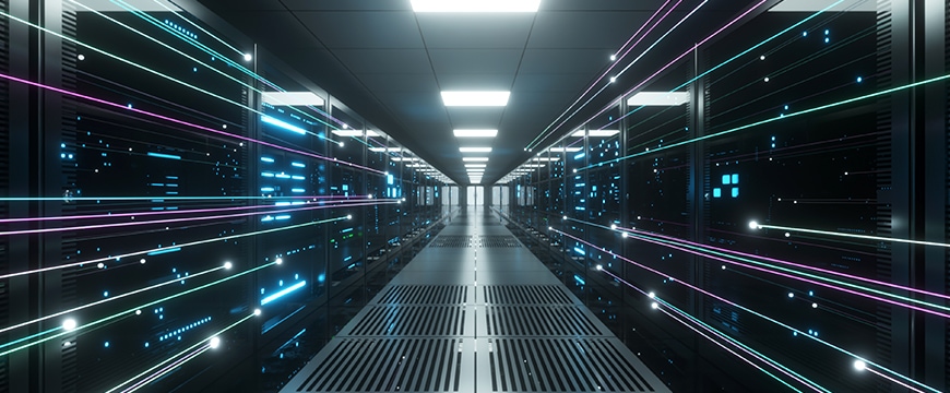 Stylized server room in data center.