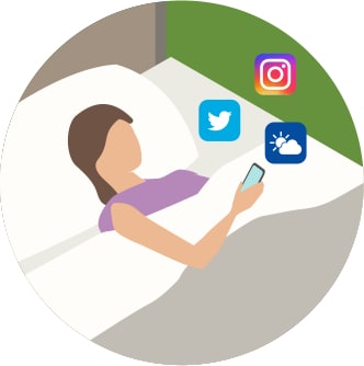 Image of woman laying in bed using phone to view social media.