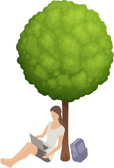 Image of female student sitting against a tree using a laptop.