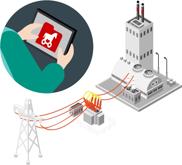 Image of an energy plant and person on tablet device closeup.
