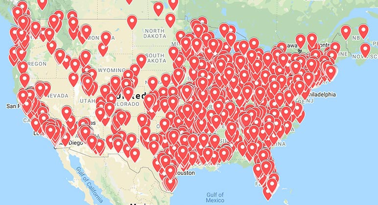 Pinpoints of participating schools