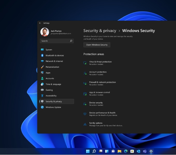 Windows 11 interface showing the Security and Privacy panel.