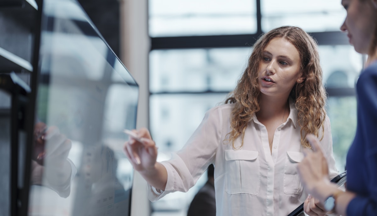 Person presenting information on a large monitor to a colleague.