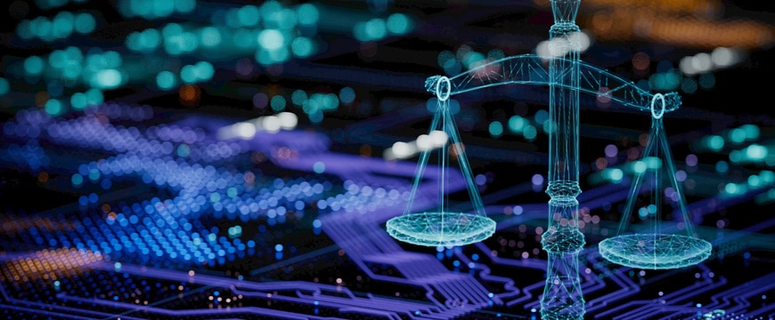 Glowing digital balance scales hover above a blue and purple circuit board
