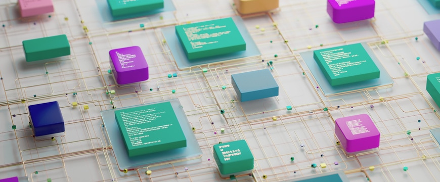 Abstract computer components linked through a detailed network of metallic lines