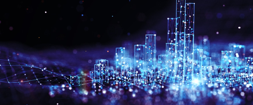 Glowing blue digital skyline built from connected wireframe towers