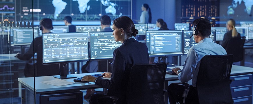 Federal workers collaborating on analytics.