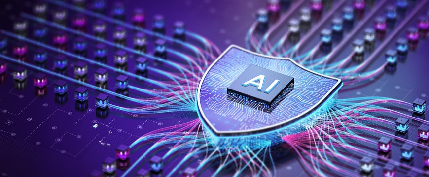 Digital AI security shield surrounded by glowing network pathways and microchips