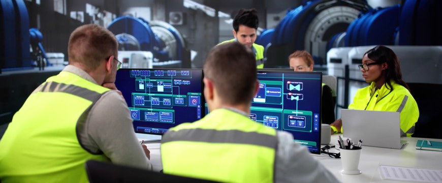 Operations team reviews industrial control system dashboards in manufacturing facility