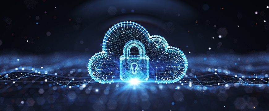 abstract hero image featuring a cloud and padlock graphic for cloud security