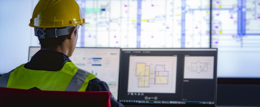 Industrial Engineering works in front of monitoring screen in the control centre. technology and AI concept.