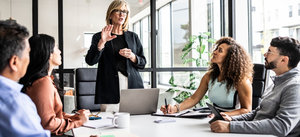 Team members participate in a collaborative meeting led by a presenter in a modern conference room.