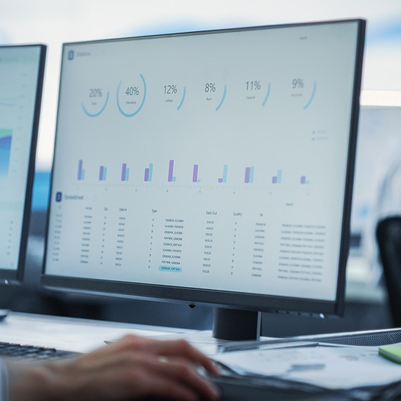 Computer monitor displaying business analytics dashboard with charts and metrics.