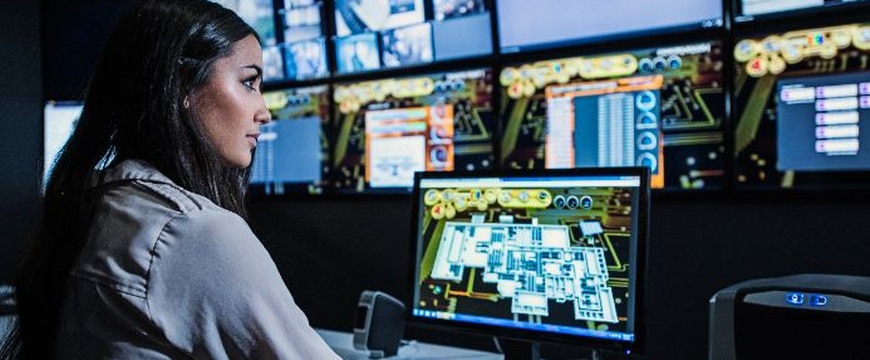 Enterprise video surveillance control room with security professionals