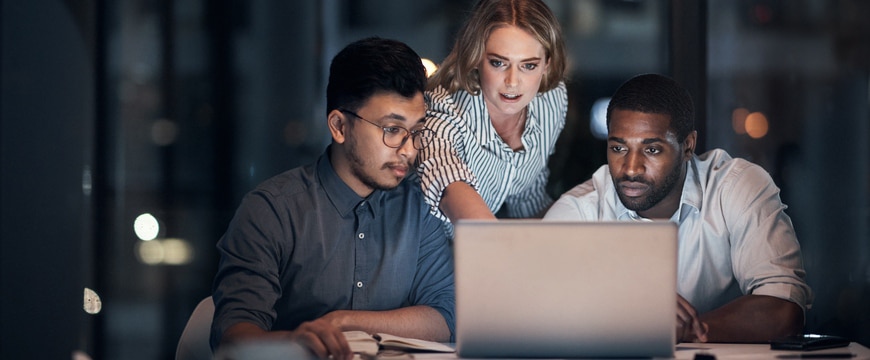 Business team reviewing software budget on laptop