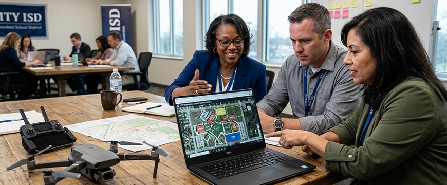 image of 3 district leaders reviewing a campus map on a laptop with a drone sitting on the table