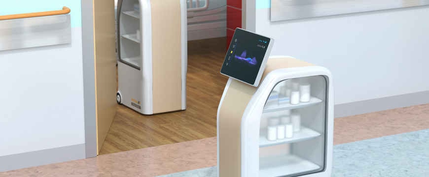 Medical delivery robots transport medication through a hospital corridor