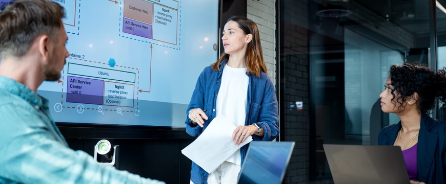 Cybersecurity team collaborating in a modern office 