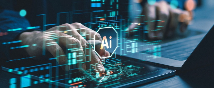 Artificial intelligence graphics overlay hands working on a tablet device