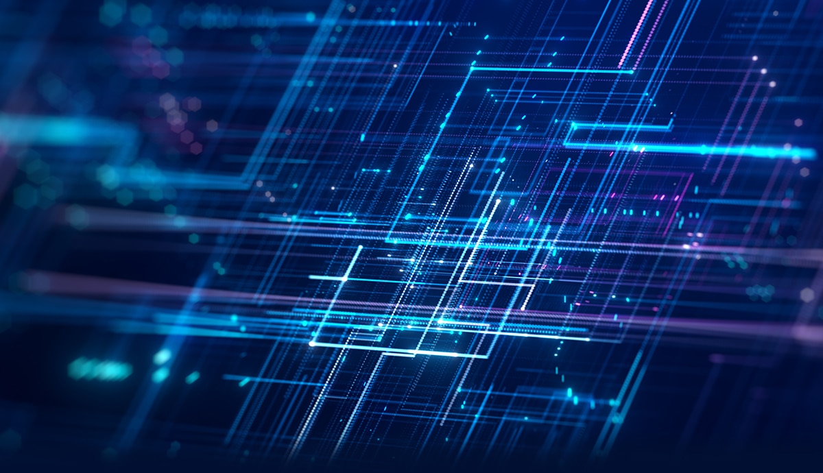 Futuristic digital grid with glowing lines and data flow patterns.