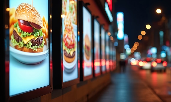 Illuminated fast food advertisement panels lining sidewalk with traffic lights.