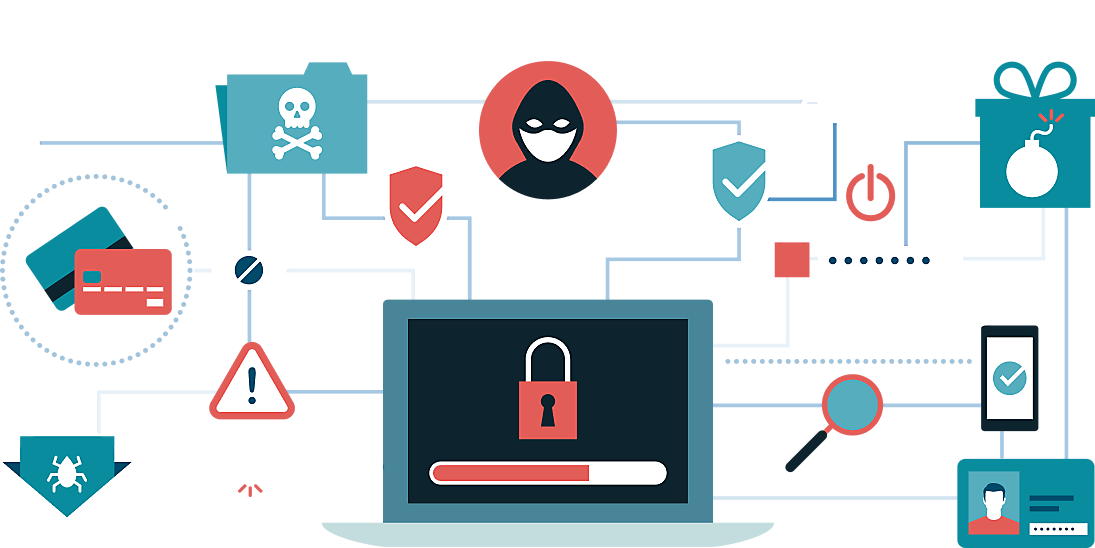 Image avec représentation de la cybersécurité et du piratage.