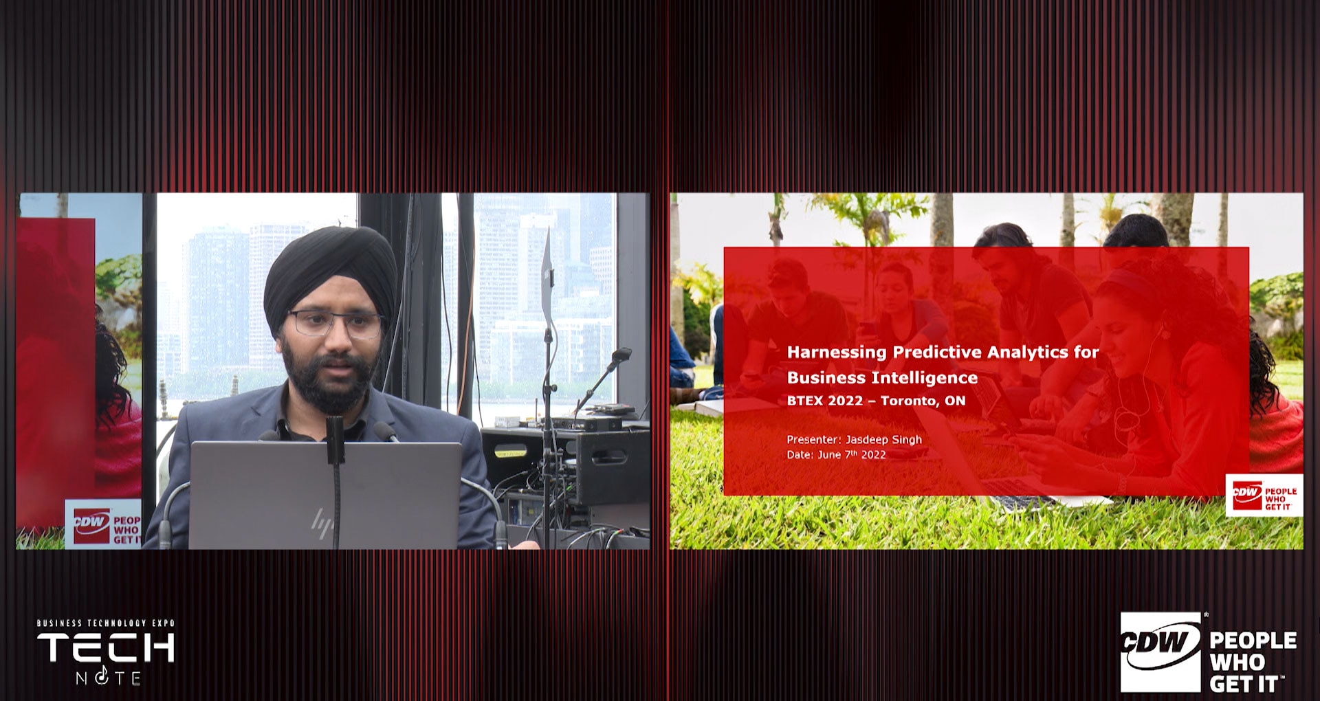 Keynote speaker Jasdeep Singh at BTEX talking Predictive Analysis technology.