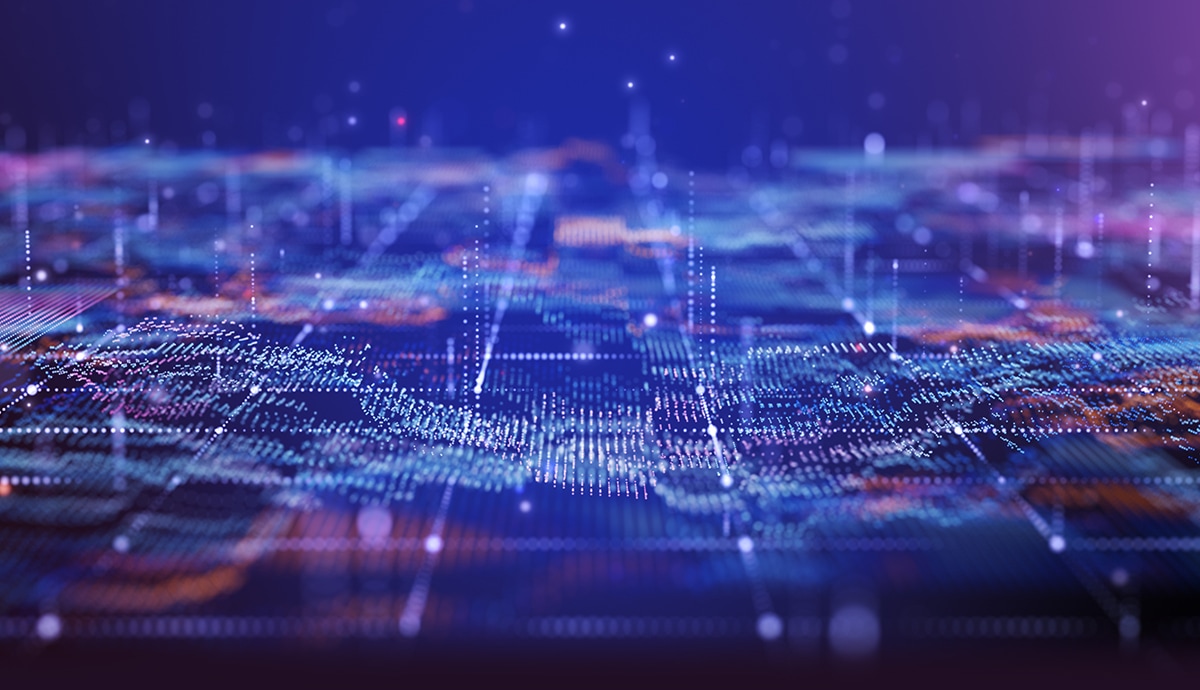 Futuristic digital landscape with glowing data points and abstract network connections.