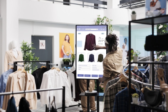 Customer using a digital display kiosk in a retail store.