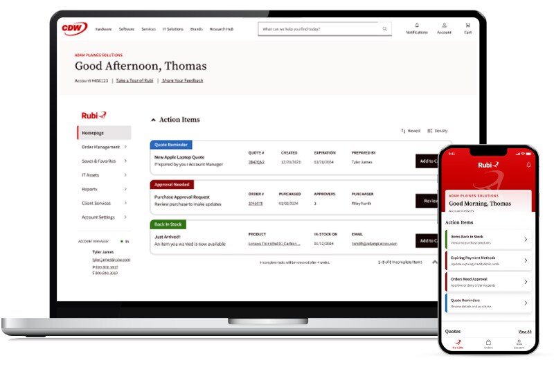 CDW Rubi displaying action items and quote approvals on laptop and mobile screens.