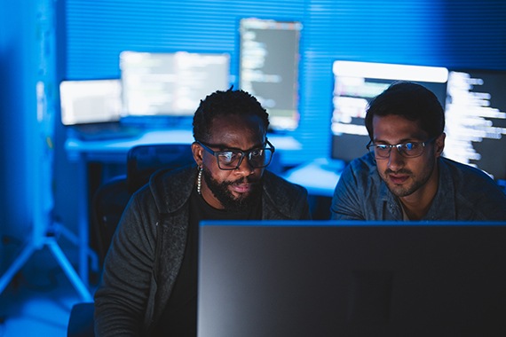 two IT specialists reviewing security guidelines on a computer monitor display.