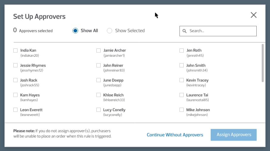 Image of Purchase Authorization System Setup - Select Approvers Interface